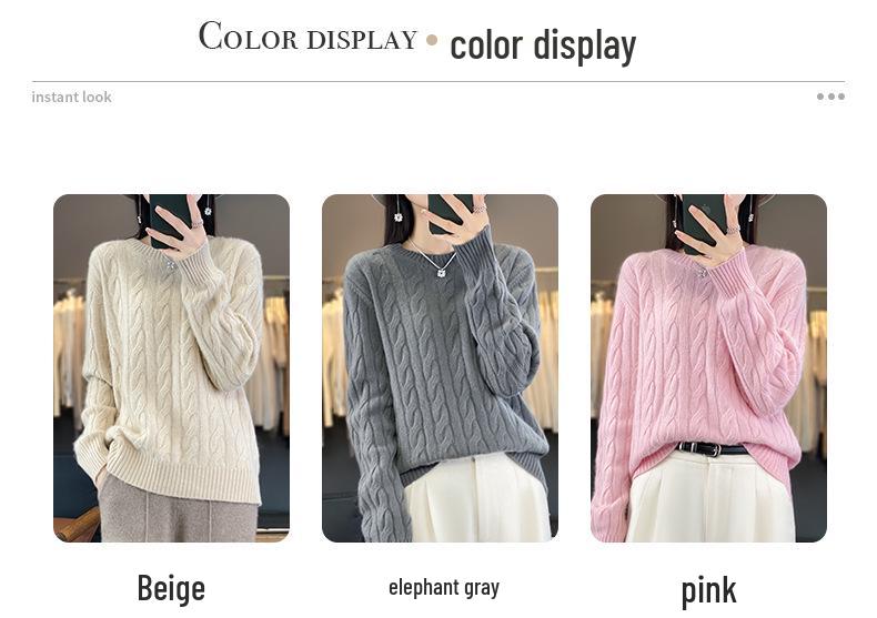 Women's Retro Loose Cable Knit Wool Sweater - Round Neck, Solid Color, Lazy Style, Perfect for Autumn and Winter.