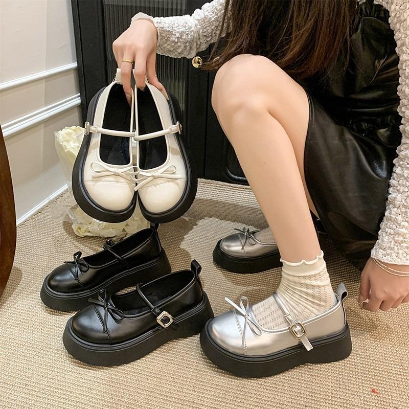 Fashion French bowknot Mary Jane Platform Shoes Woman 2025Buckle Strap Pu Leather Casual Shoes Woman Thick Sole Student Jk Uniform Shoes