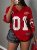 Women's Letter NO.01 Print V-Neck Short Sleeve T-Shirt Summer Graphic Tee Sport Jerseys Plus Size Sport T-Shirt