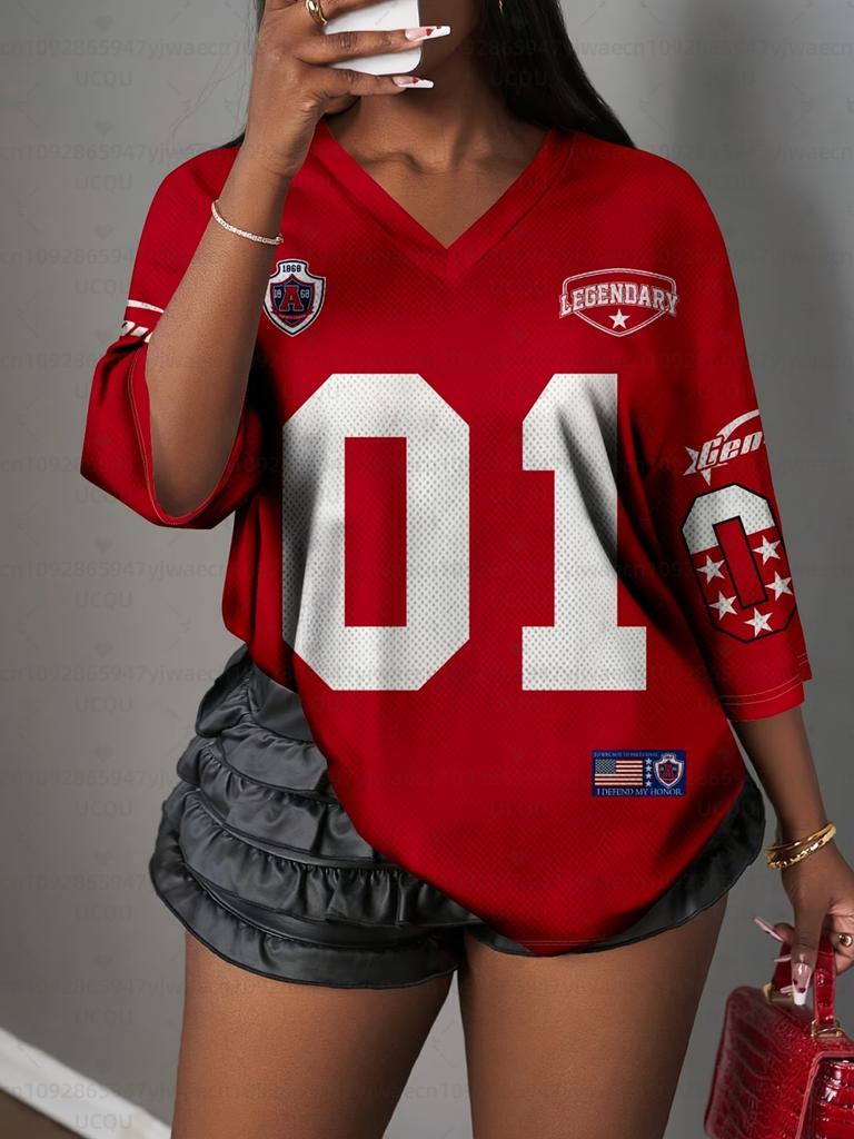 Women's Letter NO.01 Print V-Neck Short Sleeve T-Shirt Summer Graphic Tee Sport Jerseys Plus Size Sport T-Shirt
