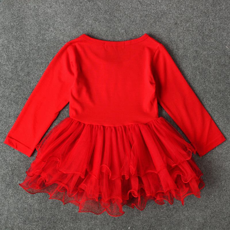 Dětské evropské a americké vánoční krajkové princeznovské šaty s mašlí Santa Claus (Dlouhý rukáv)