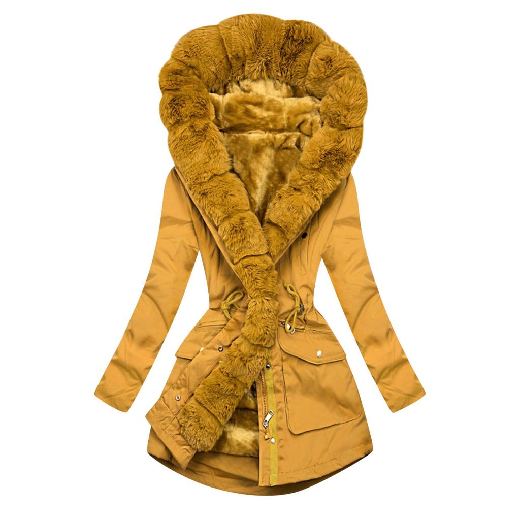 Ladies Hot Syle Solid Color Plus Velvet Warm Collar Hooded Coat Trench Coat