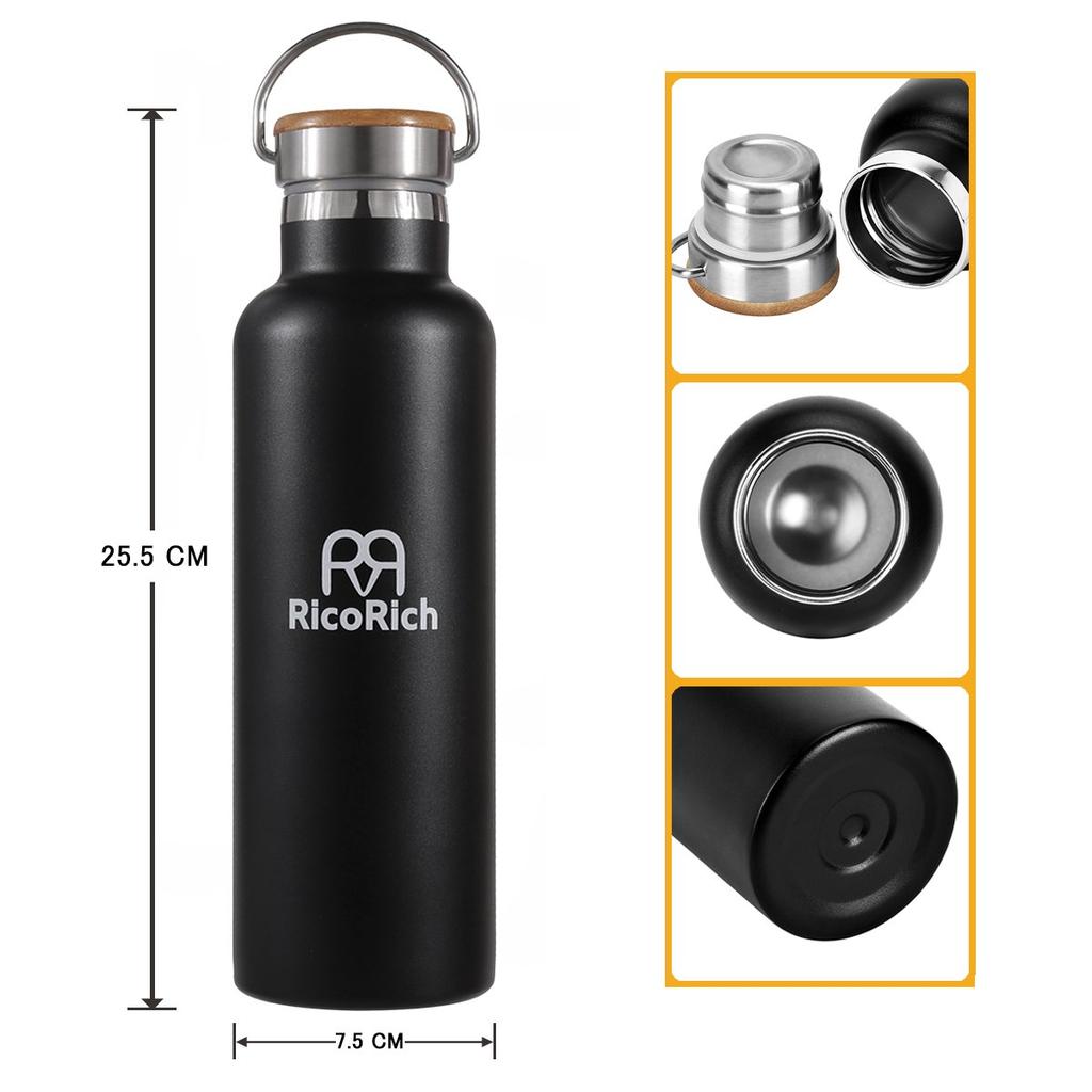 RicoRich Vacuum Insulated Stainless Steel Water Bottle Sports Bottle 750ml Black Thermal/Cold (RRWB06-BK)…