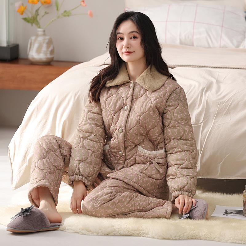 

Pajamas Women S Winter Woven Pure Cotton Padded Warm Suit Three-Layer Piled Thickened Loungewear Middle-Aged Mother Padded Jacket 2XL