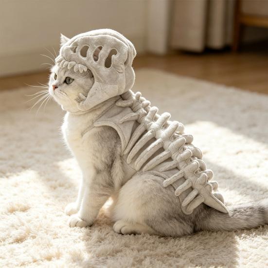 Accessori Pet Trick or Treat Costume Scheletro di Dinosauro Gatto, Outfit con Cappuccio Peluche, Costume Carino Spaventoso Leggero per Gattini Abbigliamento Halloween per Gattini