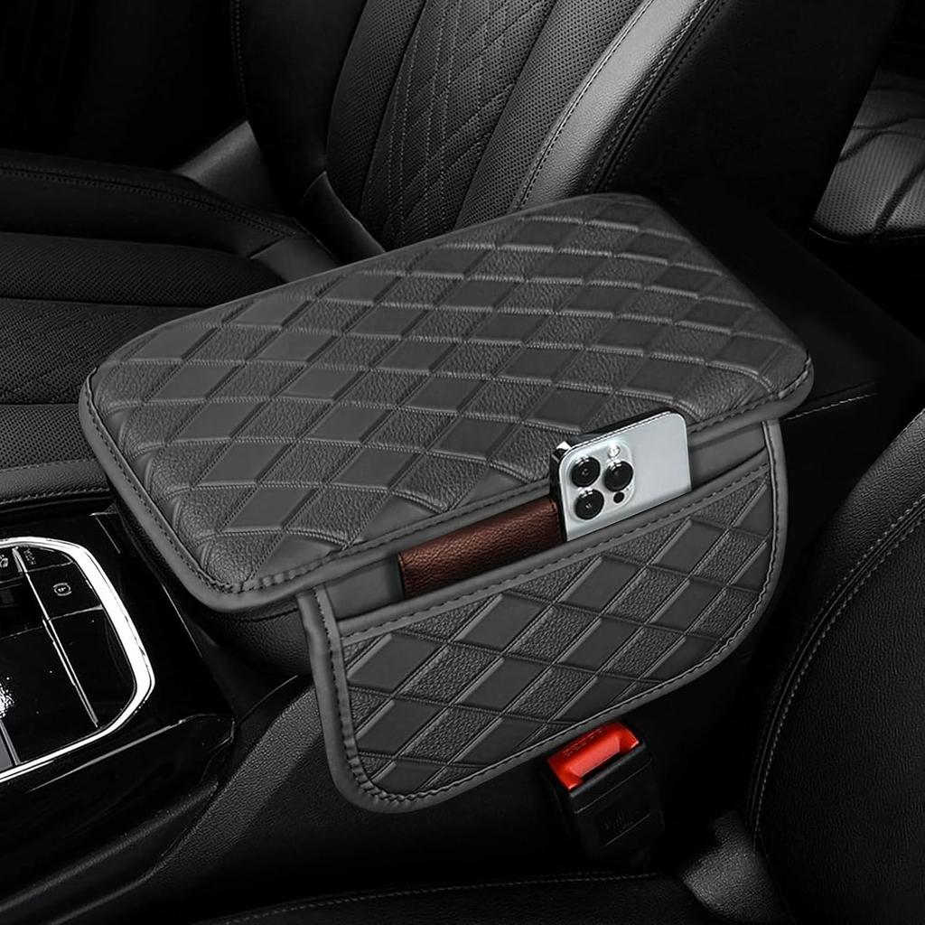 Center Console Cover Universal Armrest Cover with 2 Storage Bags Leather Car Middle Console Cover Arm Rest Cover for Car Interior Accessories