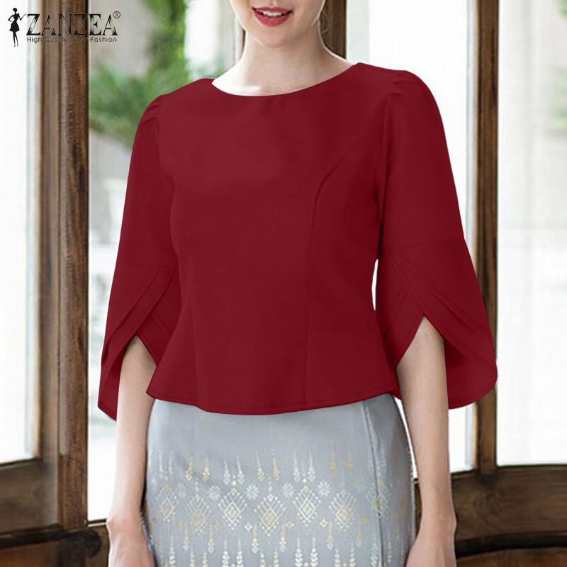 ZANZEA Women Casual Round Neck 3/4 Sleeve Loose Blouse
