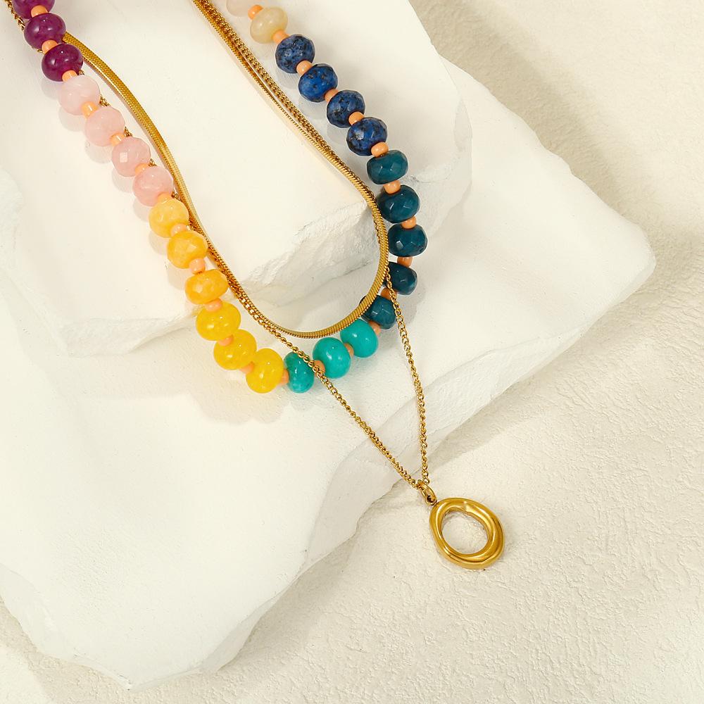 Three Pieces Colorful Natural Stone Beaded Necklace Women Geometric Pendant Stainless Steel Snake Collarbone Chain