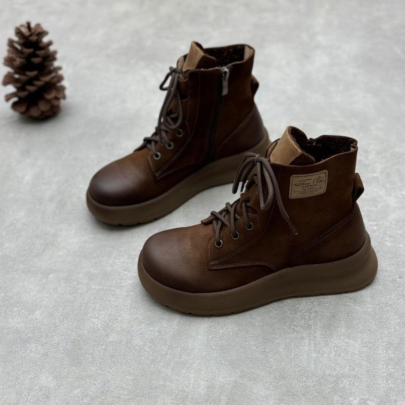 Handmade thick-soled leather Martin boots autumn and winter retro literary round head lace-up side zipper cowhide short boots women