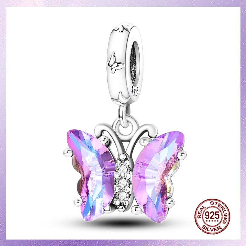 Purple Charms Copper Fit Original Pendant Bracelet Butterfly Glass Heart Feather Clip Charm Dangle Luminous Bead Diy Jewelry