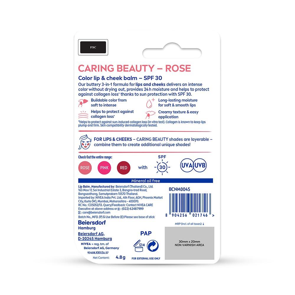 Nivea Balsam do ust i policzków w odcieniu różowym z SPF 30 dla błyszczącego nawilżenia 4,8 g | Nawilżający balsam do wszystkich typów skóry, 1 opakowanie