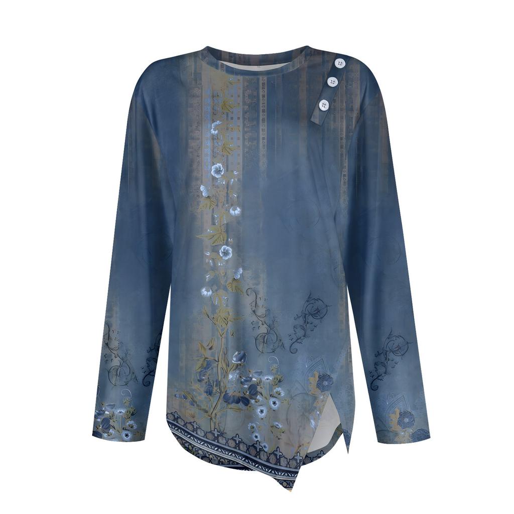 Detail knoflíku Tričko se zakřiveným lemem, Dlouhý rukáv Kulatý výstřih Květinový potisk Neformální top, Dámské oblečení