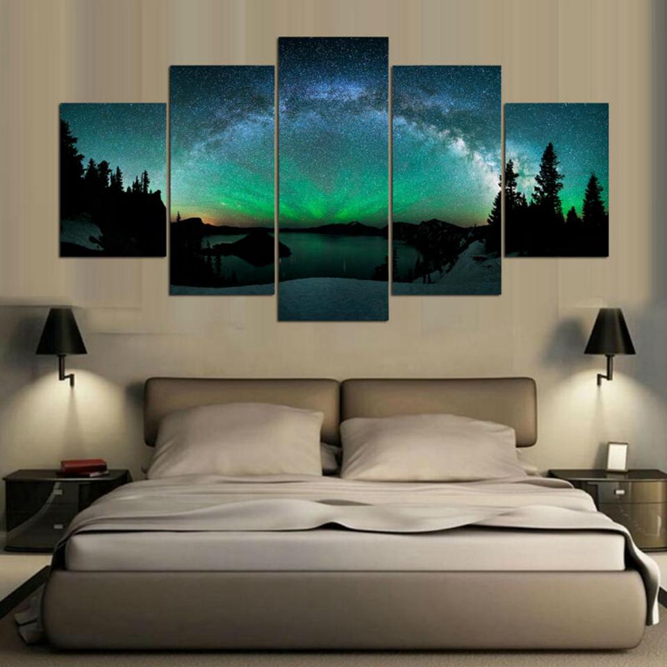 Impression HD 5 Panneaux Paysage Nuit Étoilée Aurore Boréale Toile Art Mural Papier Peint Peintures Affiches Salon Décoration Intérieure