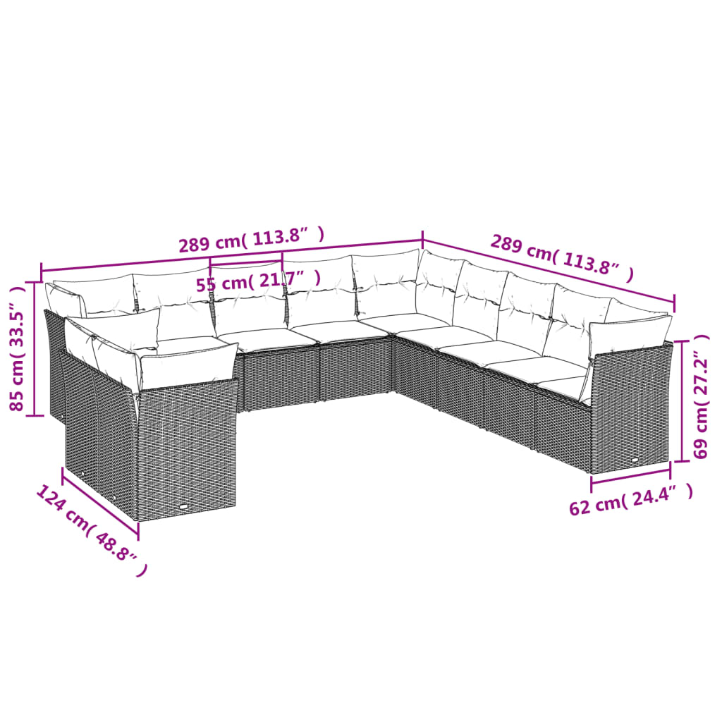 Vidaxl 11-Cz. Garden Furniture Set With Cushions, Grey Rattan Pe