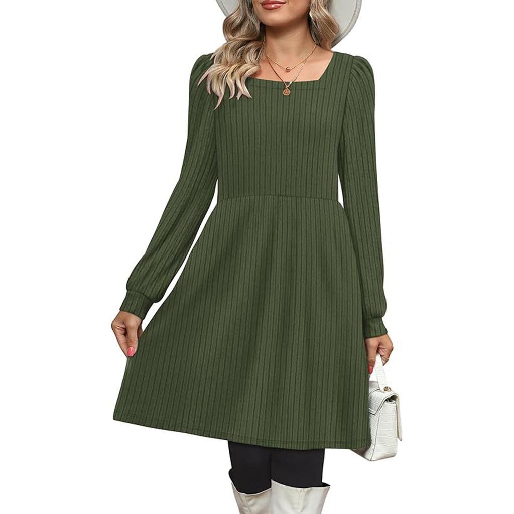 Dámské šaty s čtvercovým výstřihem s dlouhým rukávem Ležérní roztomilé pletené šaty s kapsami