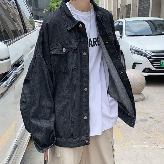 Men Denim Coat Lapel Long Sleeve Flap Pockets Single Breasted Jacket with Flap Pockets Solid Color Loose Fit Denim Outerwear