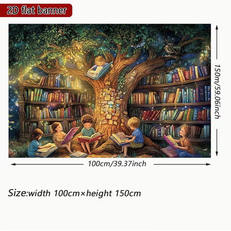 2D Verzauberter Baum-Buch-Wandteppich, Kinder lesen mit leuchtendem Bücherregal-Baum-Hintergrund für Geburtstagsfeier