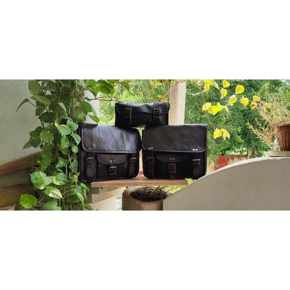 Real Vintage Leather Saddle Bag Motorcycle Left Right Panniers 3Side Bags Black