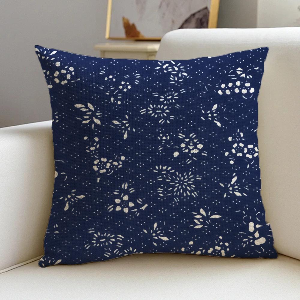 B-Blue Calico Cushion Cover Cushion Cover Pillowcase, Anti-Mite Invisible Zipper, Linen Sofa Cushion