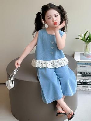 Sommer-Tencel-Denim-Weste & Weitbeinige Hosen für Mädchen, Set mit Strasssteinen