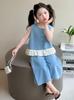 Girls' Summer Tencel Denim Vest & Wide-Leg Pants Set with Rhinestones