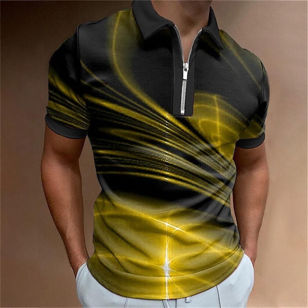 Men's fashion, casual collar and zipper bar, staircase printed golf clothing, short sleeved T-shirt