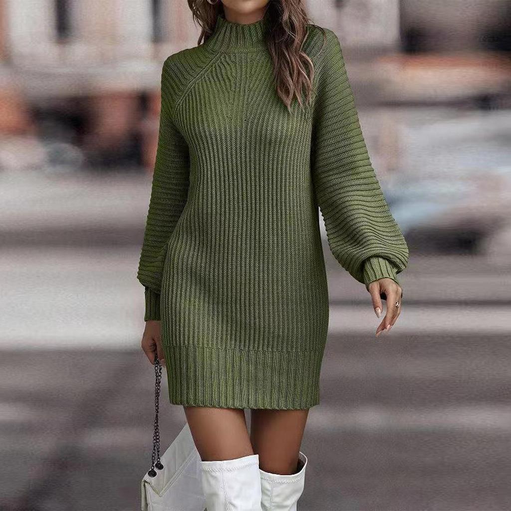 Women's Knitted Dress Turtleneck Winter Sweater Dress Knitted Dresses Midi Plain Long Wool Dress