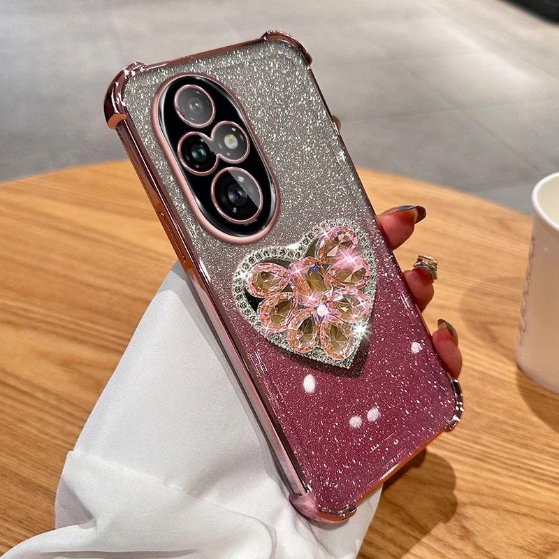 

Противоударный чехол с гальваническим покрытием и подставкой в форме бриллиантового сердца для Huawei Honor 200 Pro 100 90 80 70 60 Pro Lite, силиконовая накладка Honor 200 розовый