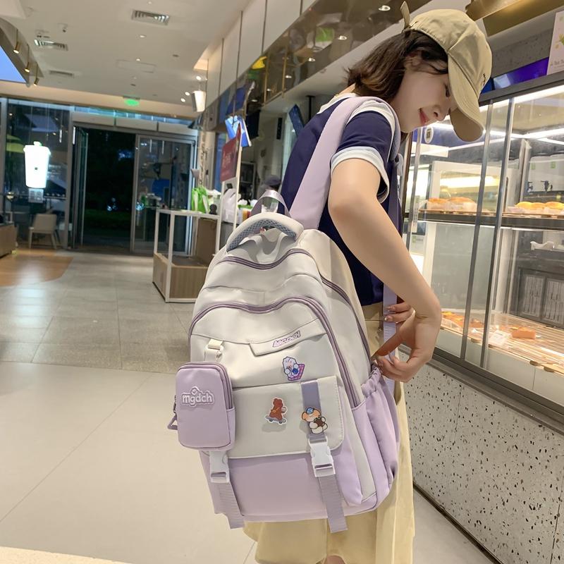 Female Color Block Backpack Student Campus Schoolbag Male Large Capacity Backpack with Coin Purse