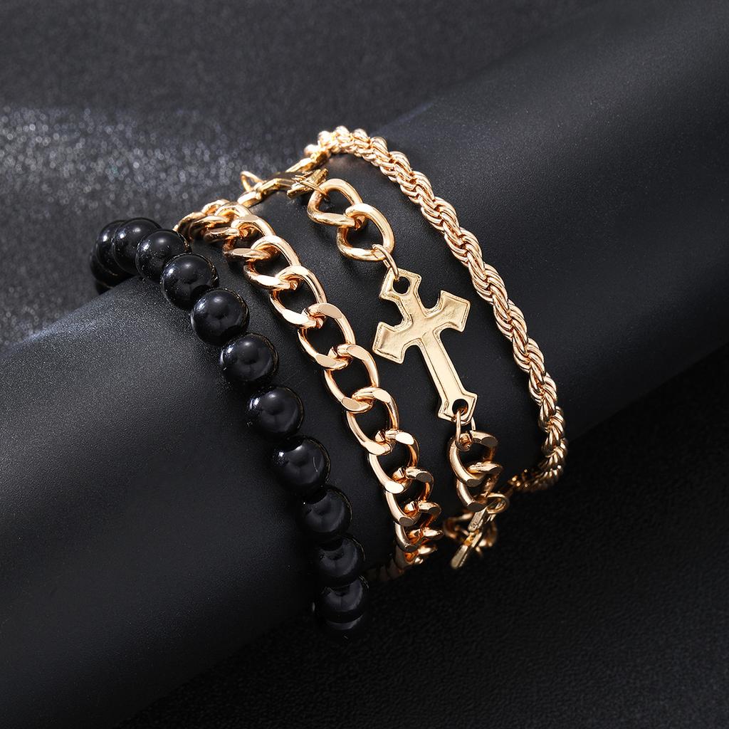 4 Pcs Stainless Steel Bracelet Set For Men Women Punk Fashion Cross Beads Chain Bracelets Simple Hip Hop Unisex Jewelry Gift