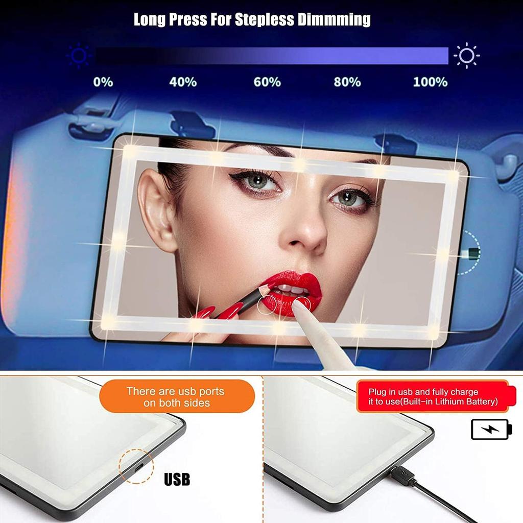 Car Sun Visor Vanity Mirror, Makeup Mirror With 3 Light Modes & 60 LEDs Rechargeable Led Light Car Mirror With Dimmable Touch Screen, Rear View