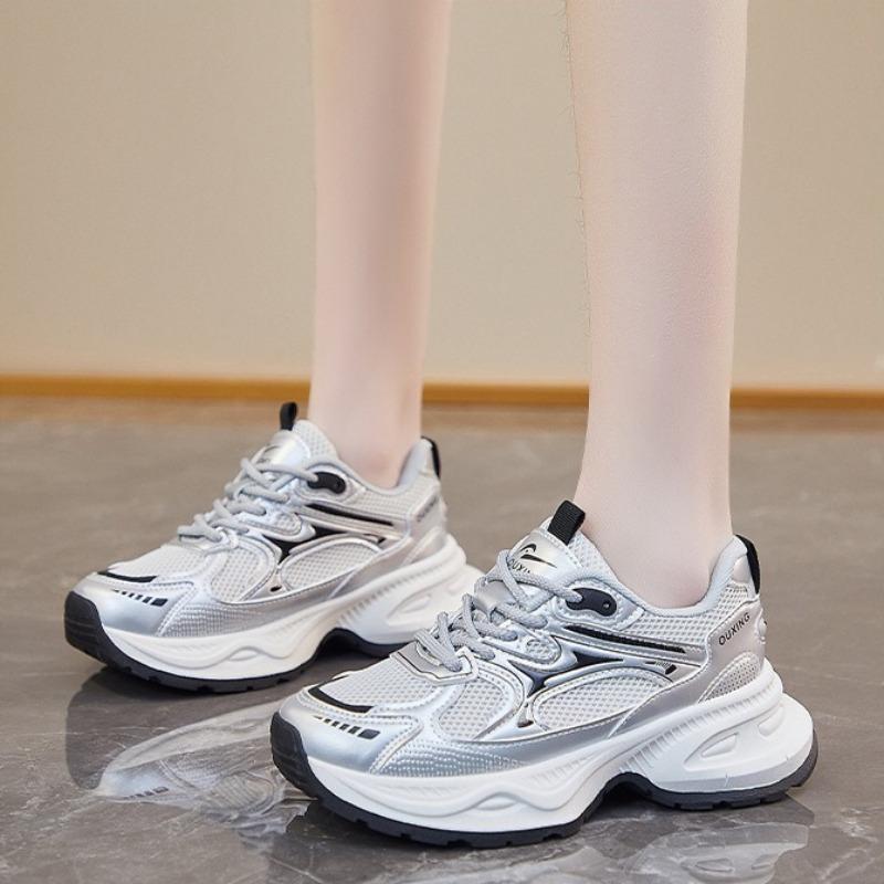 Women'S Thick Bottom Dad Shoes Spring New Silver Breathable Versatile Heightening Lightweight Casual Sports Shoes