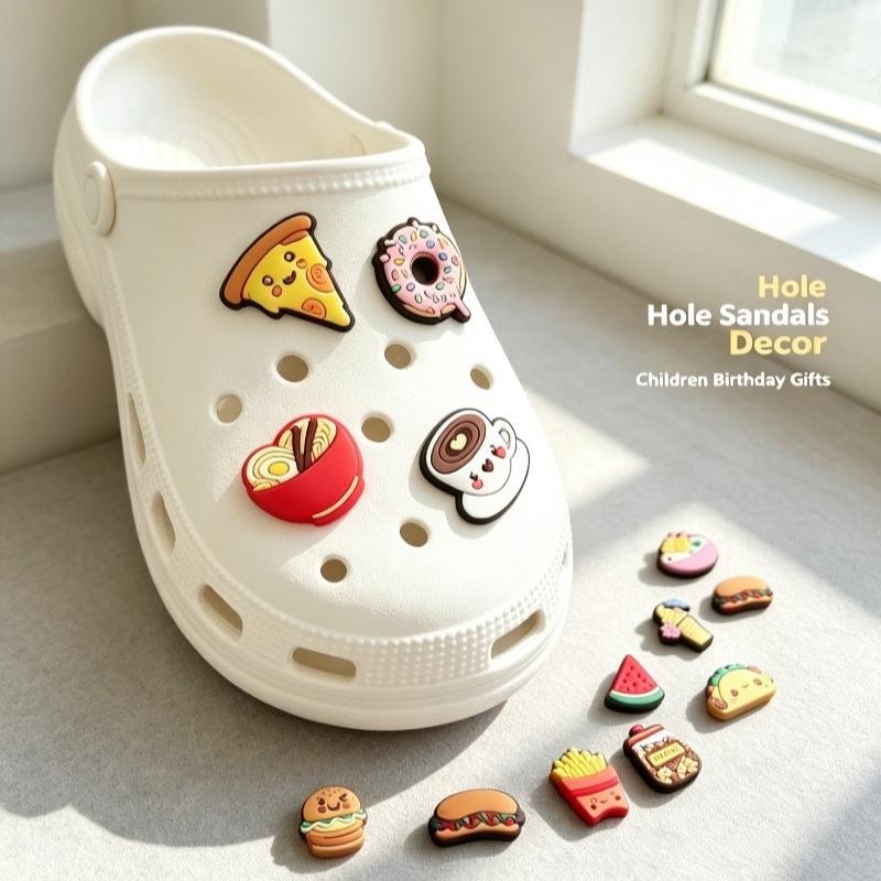 Food Series PVC ShoeCharms 20Pcs Detachable Decor AccessoriesFit Bubble Slides HoleSandals KidsBirthday Xmas Holiday Party Gifts