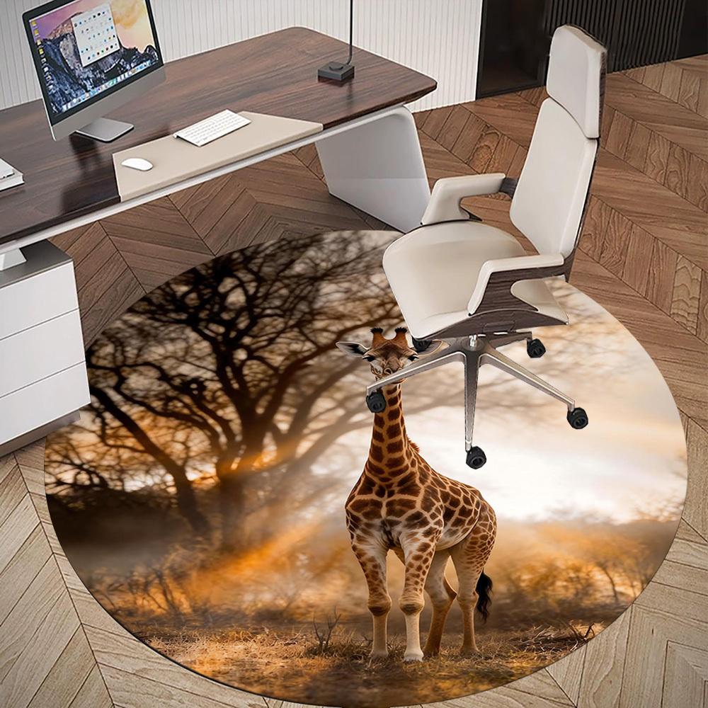 1pc Giraffe Savannah Round Chair Mat Office Area Rug - Non-Slip, Floor Mat for Office, Bedroom, and Indoor Decor P127038