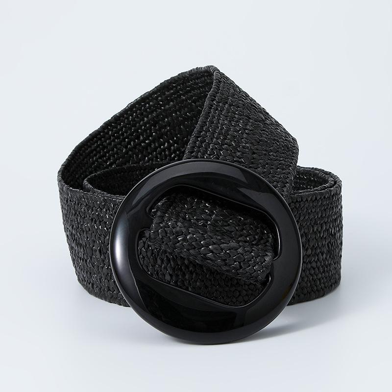 Summer Resin Round Buckle Pp Grass Elastic Woven Wide Belt Beach Niche Exterior Dress Waist Seal