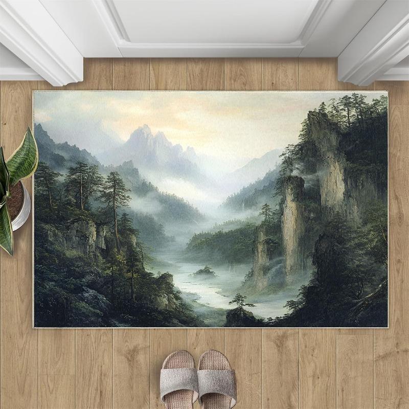 Natural Forest Waterfall Print Door Mat Rectangular Non-Slip Entrance Rug Entryway Living Room Bedroom Kitchen Decor Carpet