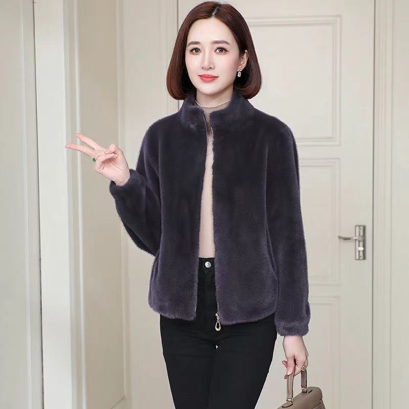 Goldner Nerzjacke Damen Kurz Kunstpelz Winterpelz Integriert Stehkragen Taille Mode Warm Verdickt Mantel