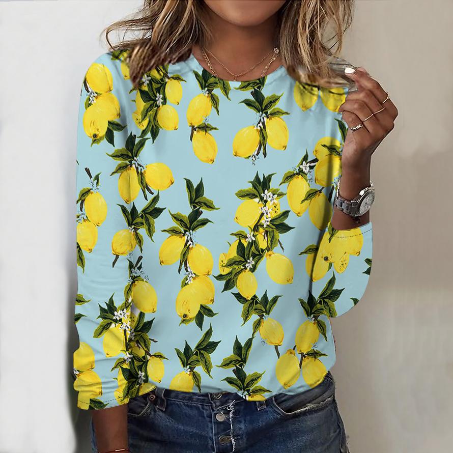 

Топы для женщин с рисунком фруктов, круглый вырез, длинный рукав, футболка, осенний повседневный тонкий пуловер, женский топ с длинным рукавом M синий