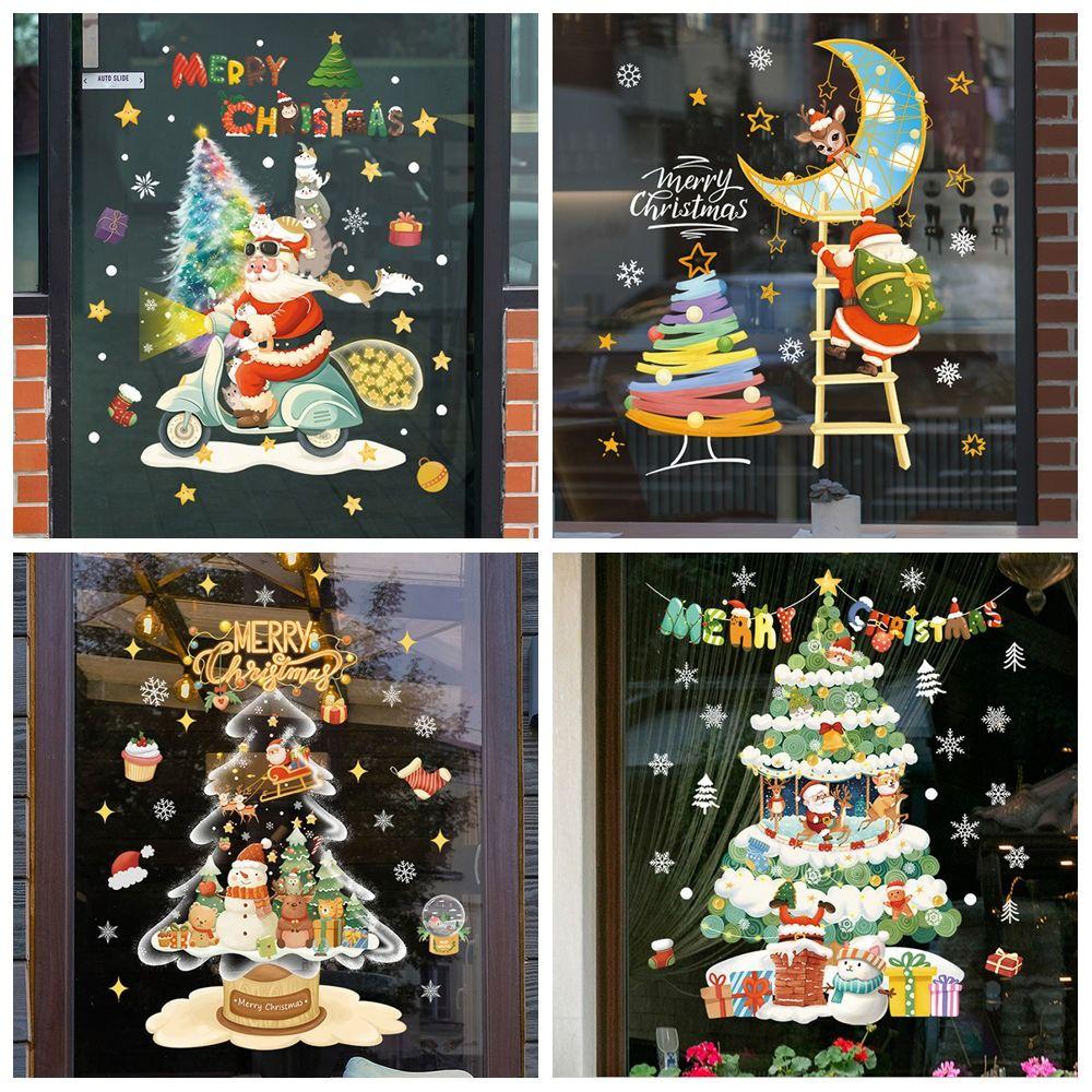 Cartoon Shopwindow Decals Santa Clause Reindeer Xmas Tree Sticker  Festival