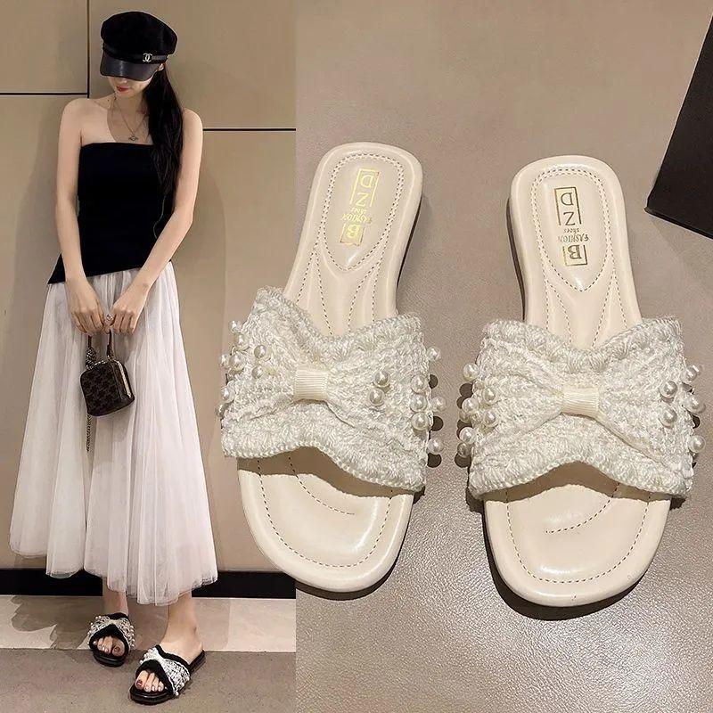 French Fairy Style One-word Female Outer Wear 2025 Summer New Soft Bottom Casual Versatile Fashion Pearl Cool Slippers Tide