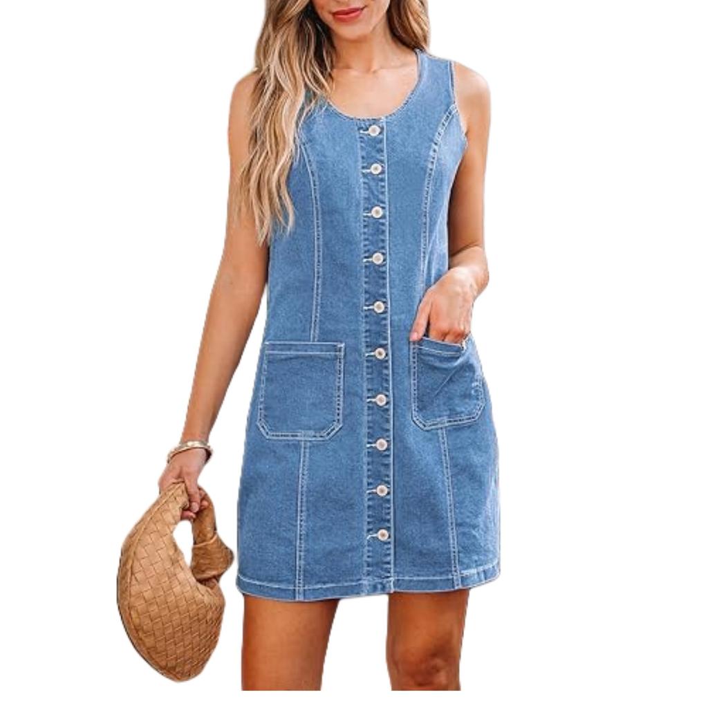 Women's Denim Button Front Sleeveless Dress with Pockets
