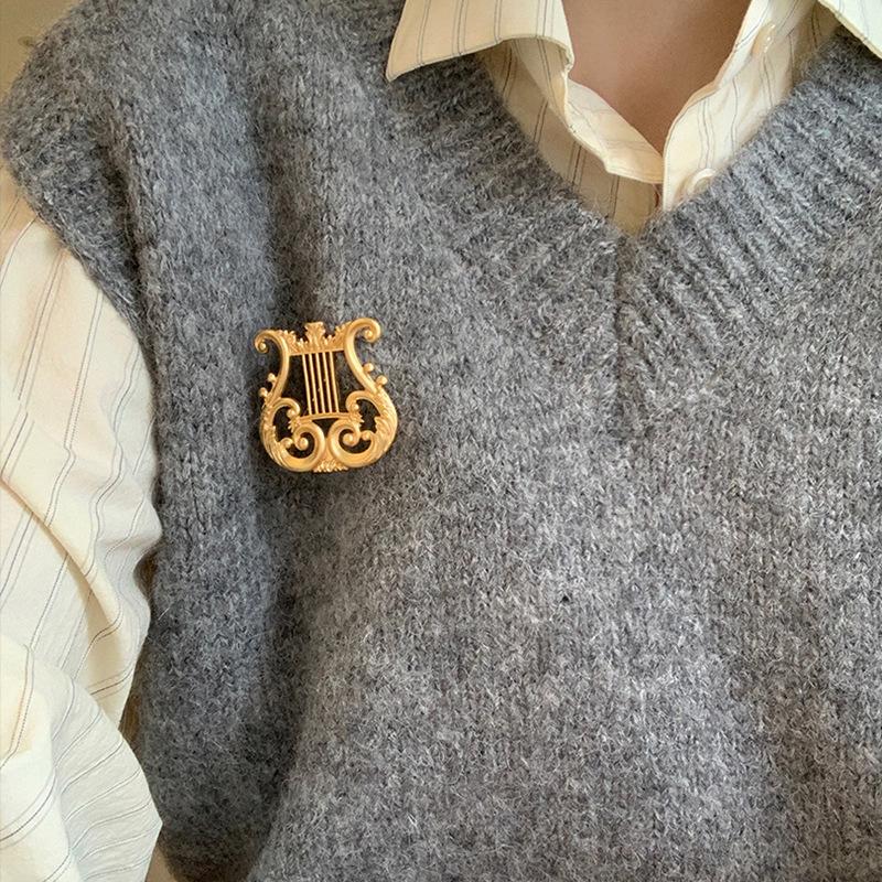 Średniowieczna Elegancka Broszka Harfowa, Wysokiej Jakości Damska Retro Głupia Złota Broszka, Mały Zapachowy Temperament, Marynarka, Akcesoria Do Korsarzy