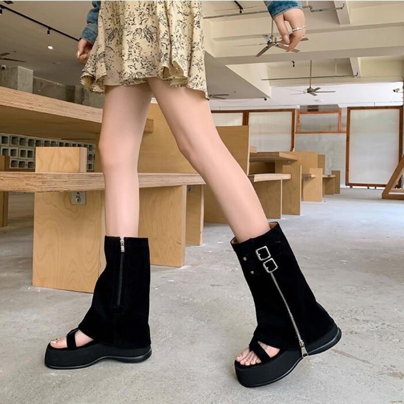 Fashion Women's Fad Platform Trousers Cool Boots Women's Herringbone Toe Roman Sandals Causal Short Open-toed Cool Boots Sandalias Mujer