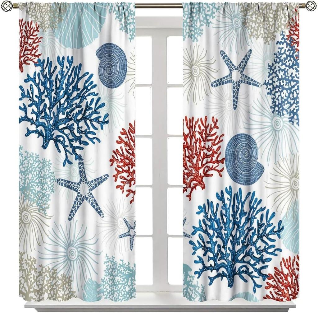 Coastal Window Curtains Nautical Beach Ocean Sea Starfish Seashell Curtain Living Room Bedroom Panels Set Inch Polyester Ideal For
