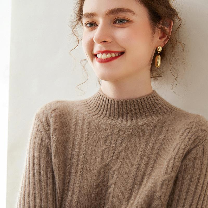 2024 Autumn/Winter Women's Retro Cable Knit Half-High Neck Cashmere Loose Pullover Sweater - Simple Solid Color Base Layer