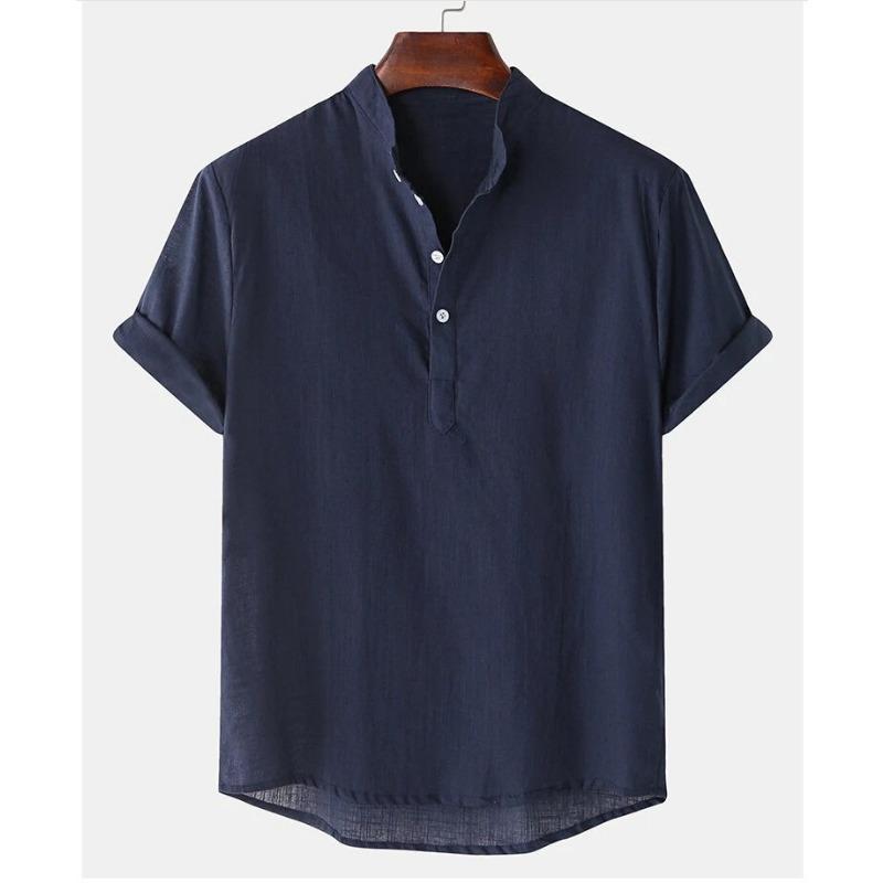 Summer Men's Cotton Linen Breathable Solid Color Short Sleeved Henry Shirt Polo Shirts Men’s