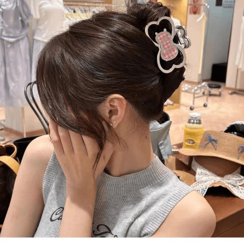 Shiny KT Cat Hair Claw Silver Bow Shark Clip Sweet Girls Back Head Bun Hair Accessories