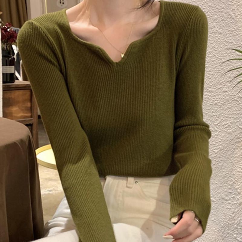 Korejská verze s výstřihem do V Tenký svetr s dlouhým rukávem Jednoduchý design Smysl Móda Pletené zboží Ženy
