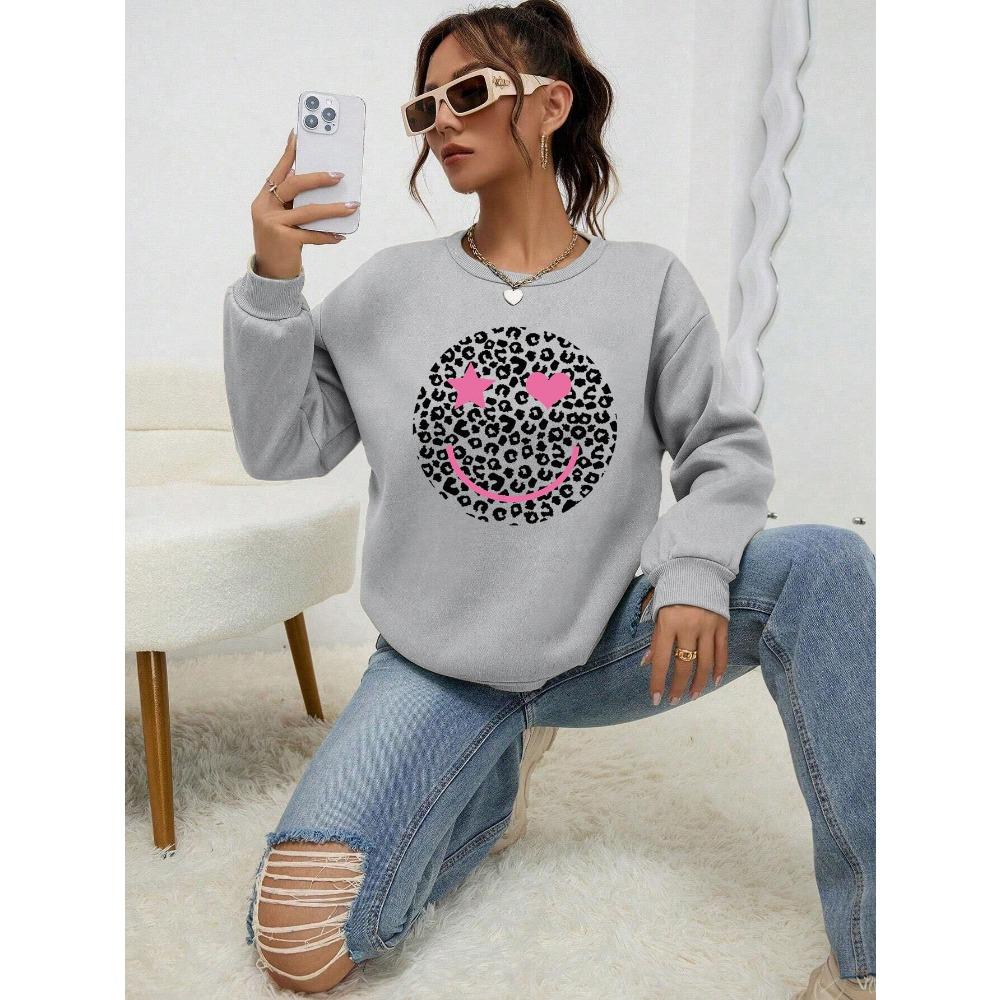 Leopard Print Happy Face Love Printed Sweatshirt Women's Hoodie Autumn Shirt Street All-match Women's Pullover