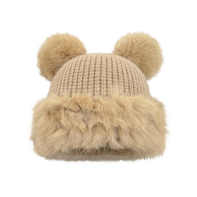 Automne et hiver mignon ours oreilles chapeau en laine femme peluche chaud moelleux automne et hiver grand tour de tête chapeau tricoté